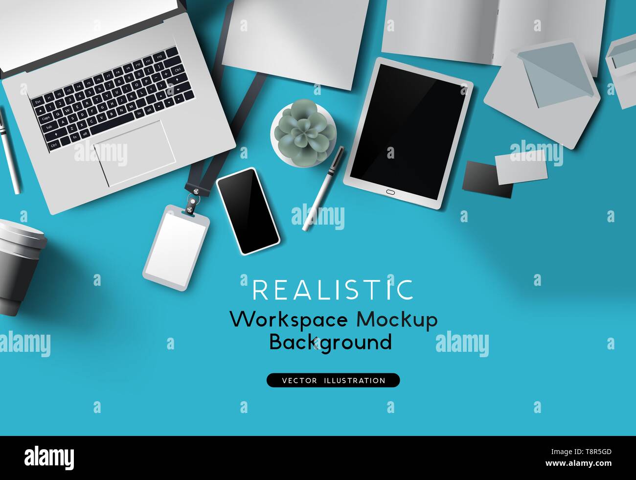 Realistic Vector office desk top view with a notebook and accessories. Vector mockup scene