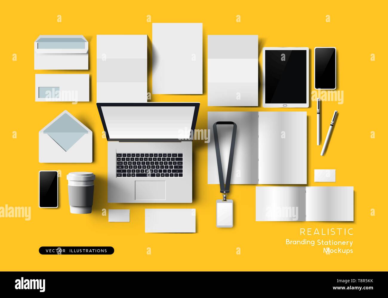 Top view of office stationery and devices. Branding and identity mockup template. Vector illustration. Stock Vector