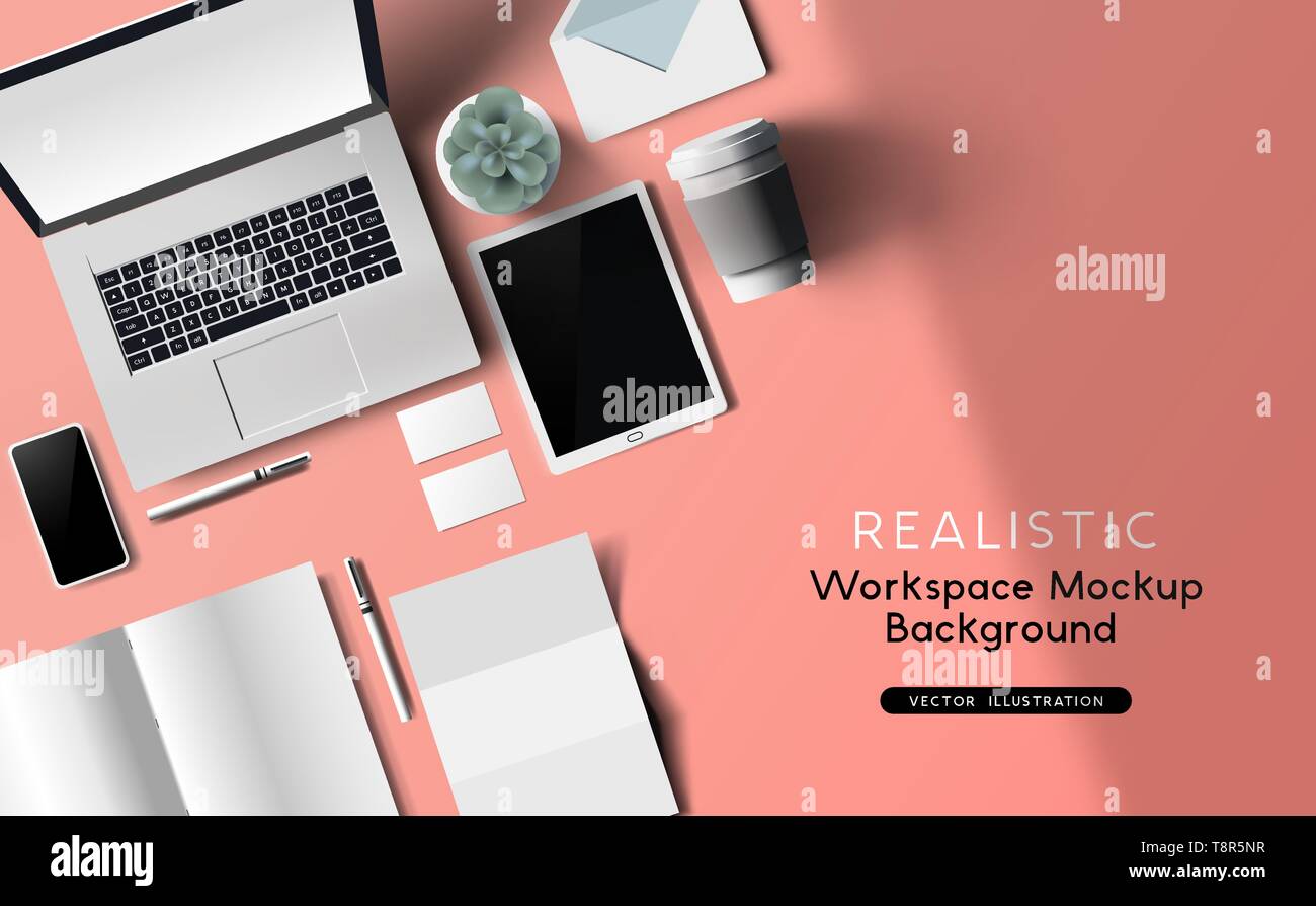 Workspace and office mockup top view realistic vector with stationery and work devices. Stock Vector