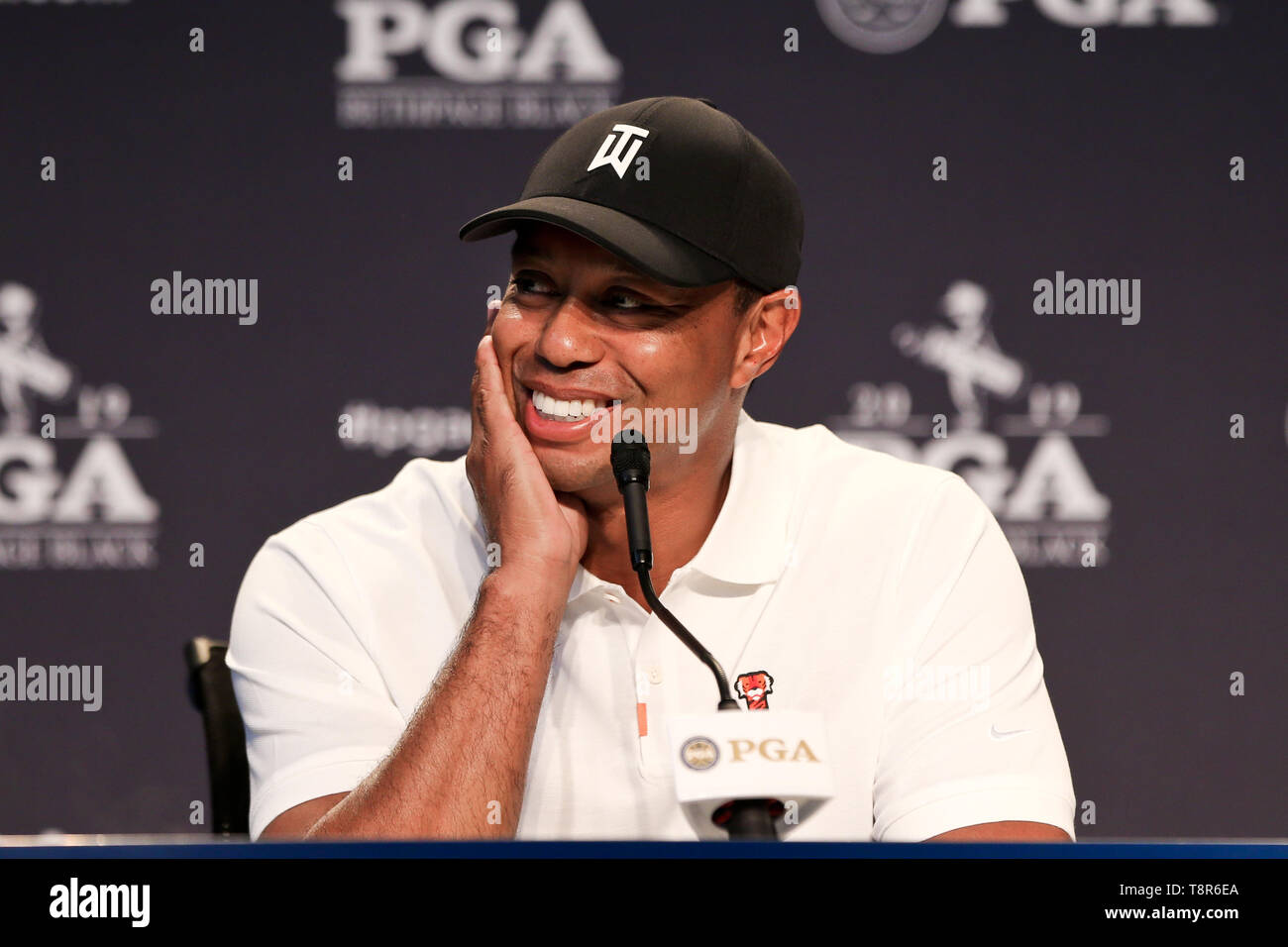 May 14, 2019 - Bethpage, New York, United States - Tiger Woods speaks to the media during a press conference at the 101st PGA Championship at Bethpage Black. (Credit Image: © Debby Wong/ZUMA Wire) Stock Photo