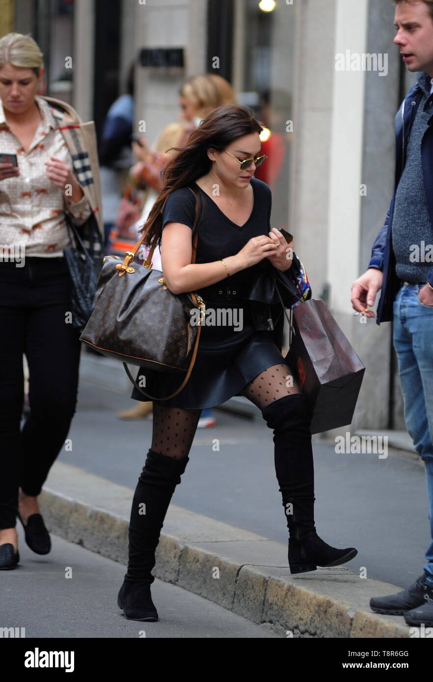 Actress Romina Carrisi-Power, daughter of Albano Carrisi and Romina Power, walks through the streets of the city center while shopping with a friend  Featuring: Romina Carrisi-Power Where: Milan, Italy When: 13 Apr 2019 Credit: IPA/WENN.com  **Only available for publication in UK, USA, Germany, Austria, Switzerland** Stock Photo