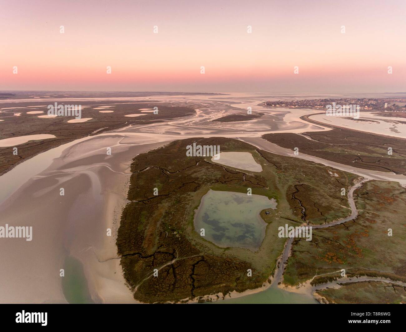 France, Somme, Baie de Somme, Le Crotoy, aerial view of schorre traversed by channels and constellated with hunting huts and their ponds Stock Photo