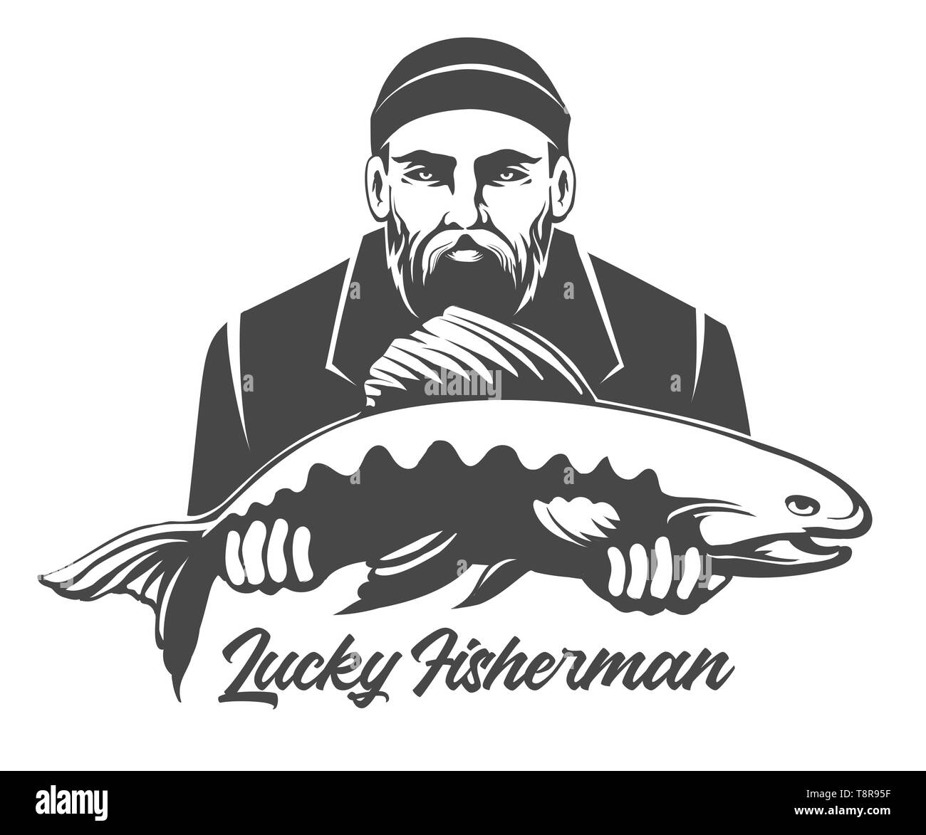 Fishing Emblem isolated on white. Fisherman holds big salmon. Vector illustration. Stock Vector