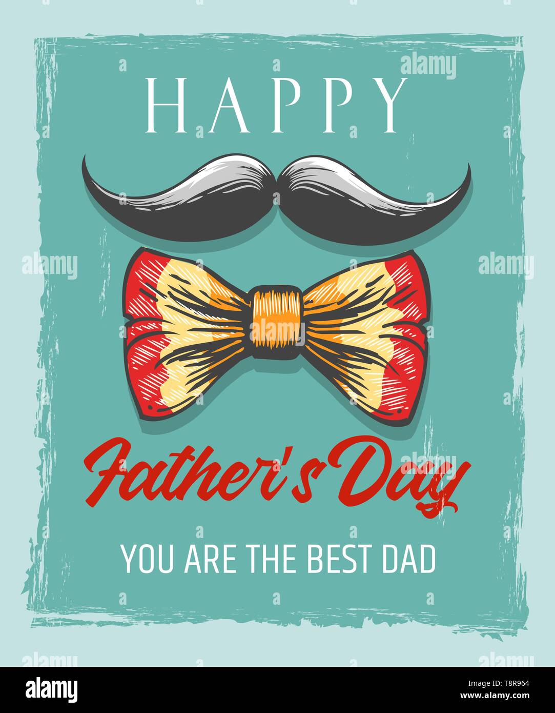 Happy fathers day Retro Poster on grunge background. Moustache and bow tie with letterings. Desing for celebration card. Vector illustration Stock Vector