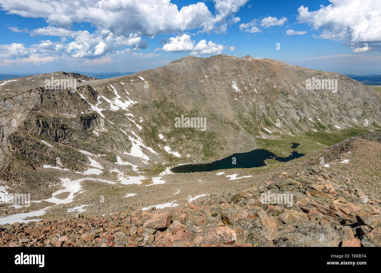Mount Evans - Southwest face of Mount Evens, seen from summit of Mount Bierstadt, Front Range of Rocky Mountains, Colorado, USA. Stock Photo