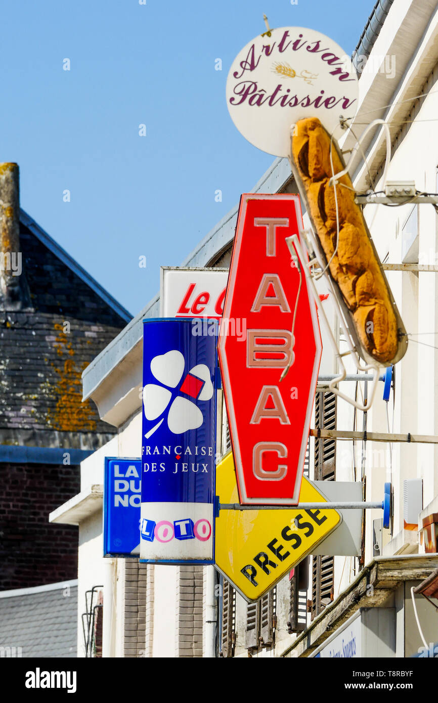 Shops signs, Le Crotois, Bay of Somme, Hauts-de-France, France Stock Photo