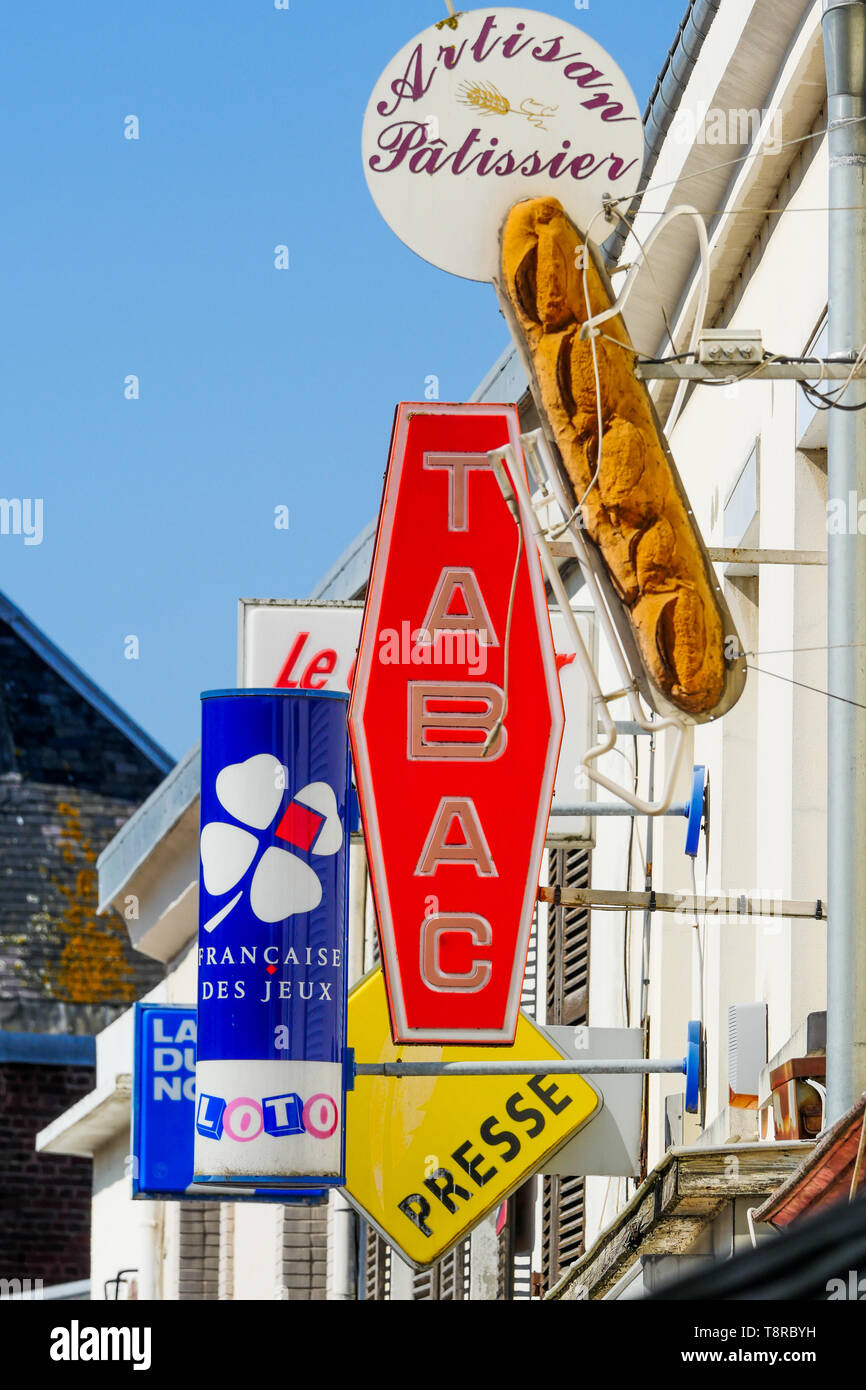 Shops signs, Le Crotois, Bay of Somme, Hauts-de-France, France Stock Photo