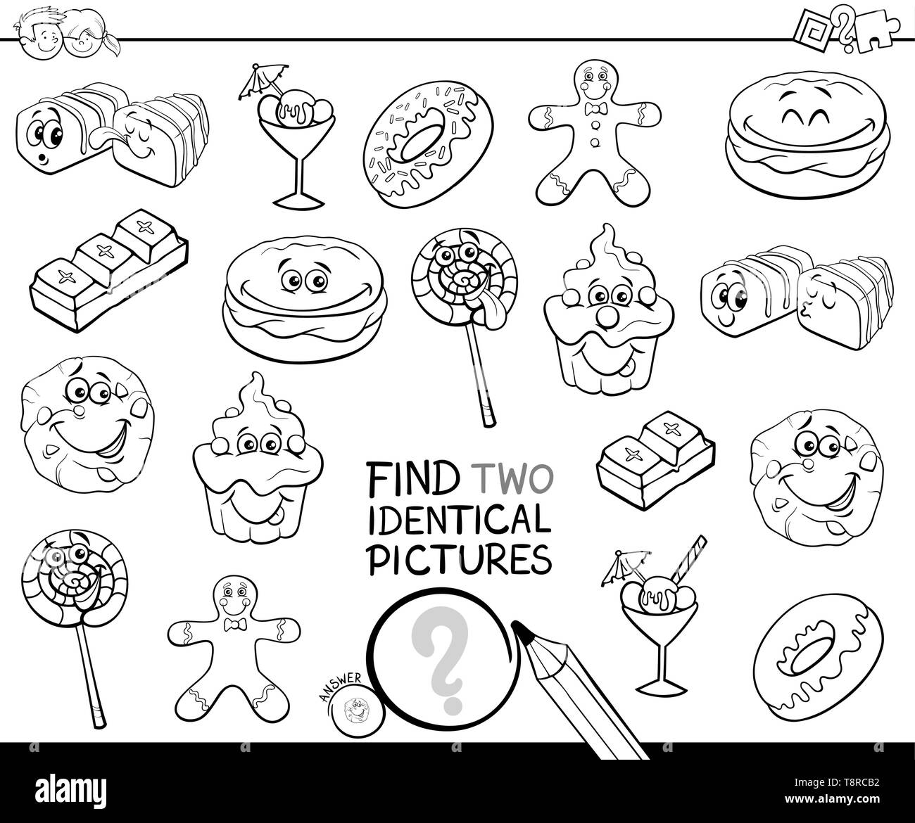 Black and White Cartoon Illustration of Finding Two Identical Pictures Educational Game for Children with Sweet Food Characters Coloring Book Stock Vector