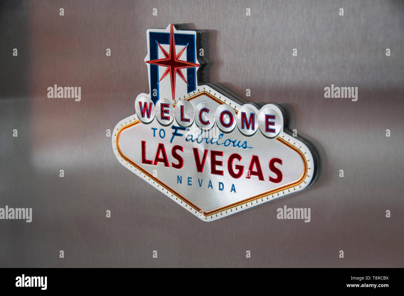 Las Vegas Fridge Magnet attached to a modern stainless steel fridge Stock Photo
