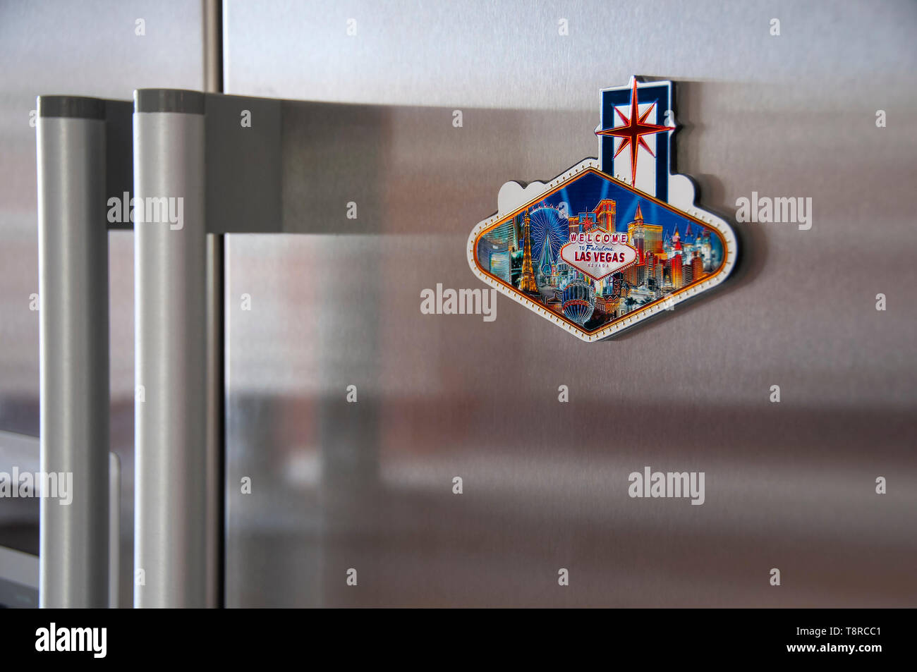 Las Vegas Fridge Magnet attached to a modern stainless steel fridge Stock Photo