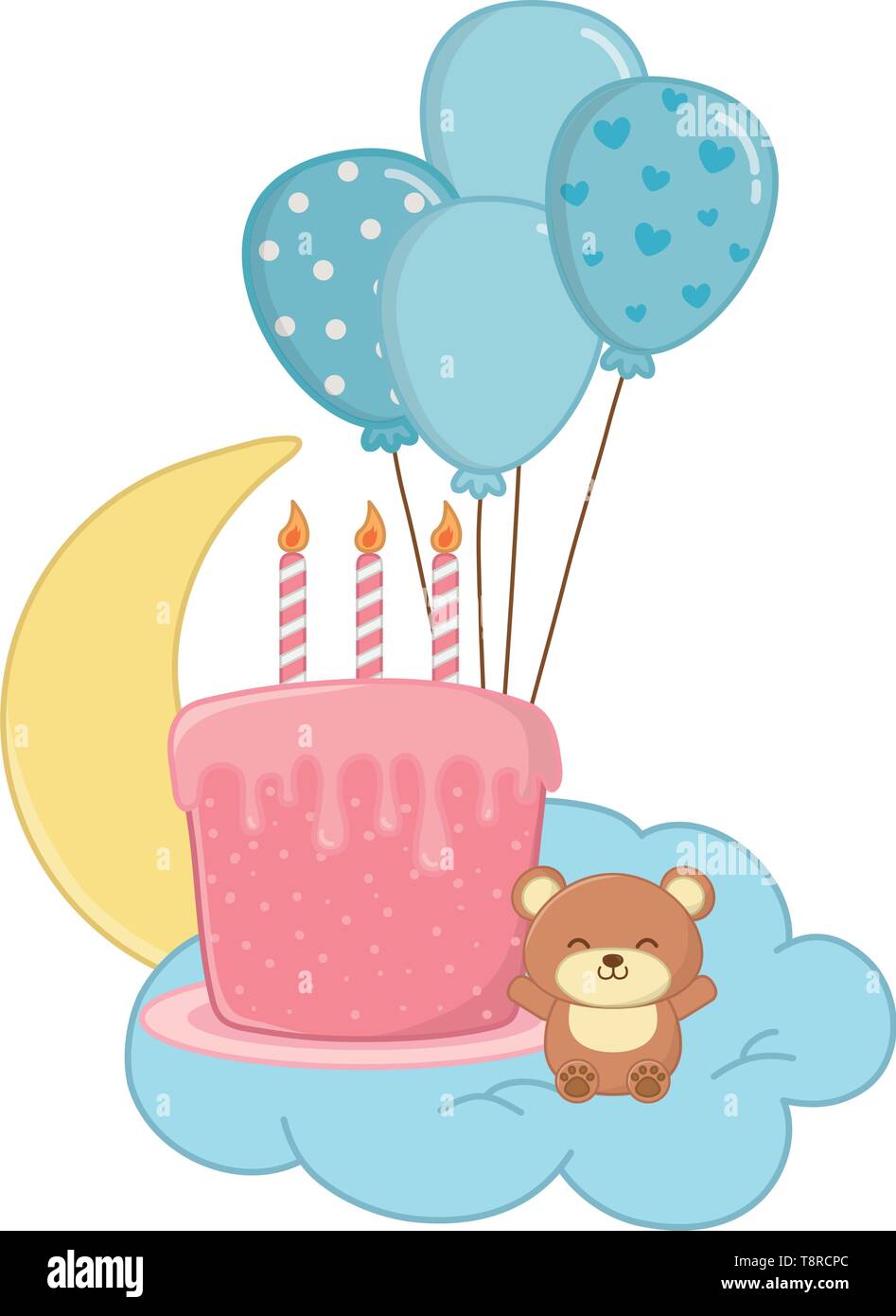 birthday cake with candles and toy bear over cloud and moon hanging from  balloons vector illustration graphic design Stock Vector Image \u0026 Art - Alamy, image size:947x1390