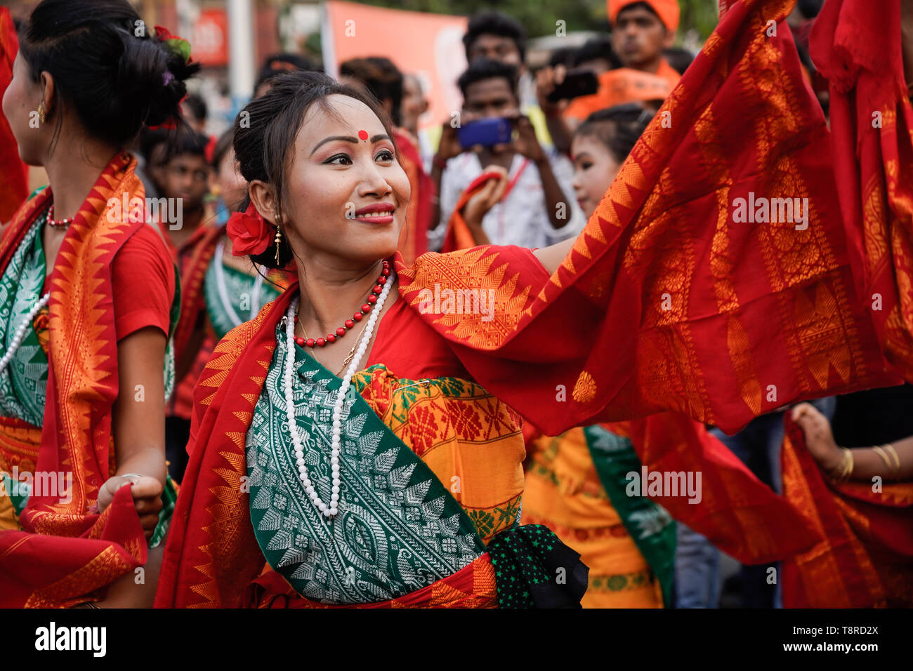 A performer seen dressed in traditional costumes during the Show in Kolkata. Bharatiya Janata Party (BJP) president Amit Shah on Tuesday held a mega roadshow in Kolkata with support of party's candidates ahead of the final phase of Lok Sabha polls. Stock Photo