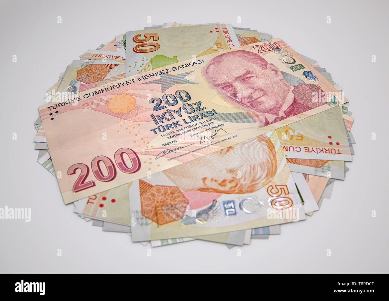 3D Illustration of Various Turkish Lira Banknotes isolated on white background Stock Photo