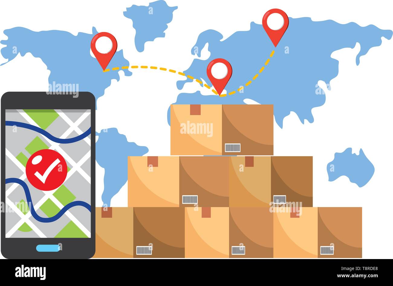 Location Using Box box with cellphone showing a map and a check and a map behind with ...