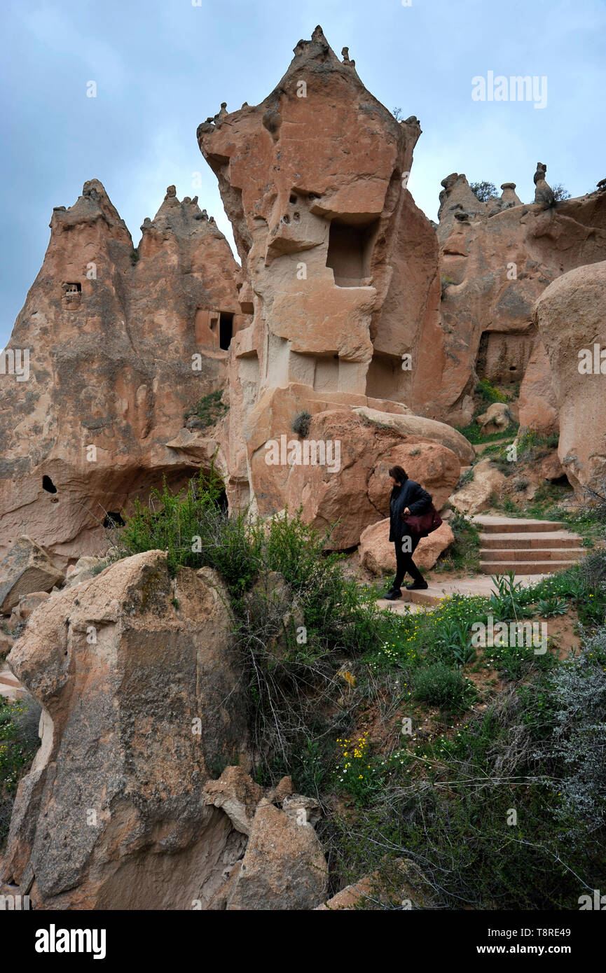 Outdoor museum of unusual rock formations with caves in Cappadocia, Turkey Stock Photo