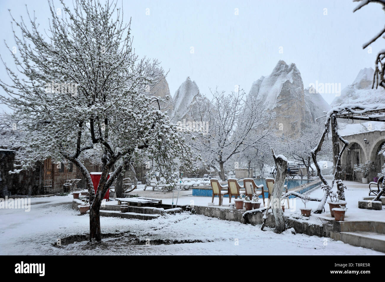 Snow on hotel in Goreme, Cappadoica, Turkey Stock Photo