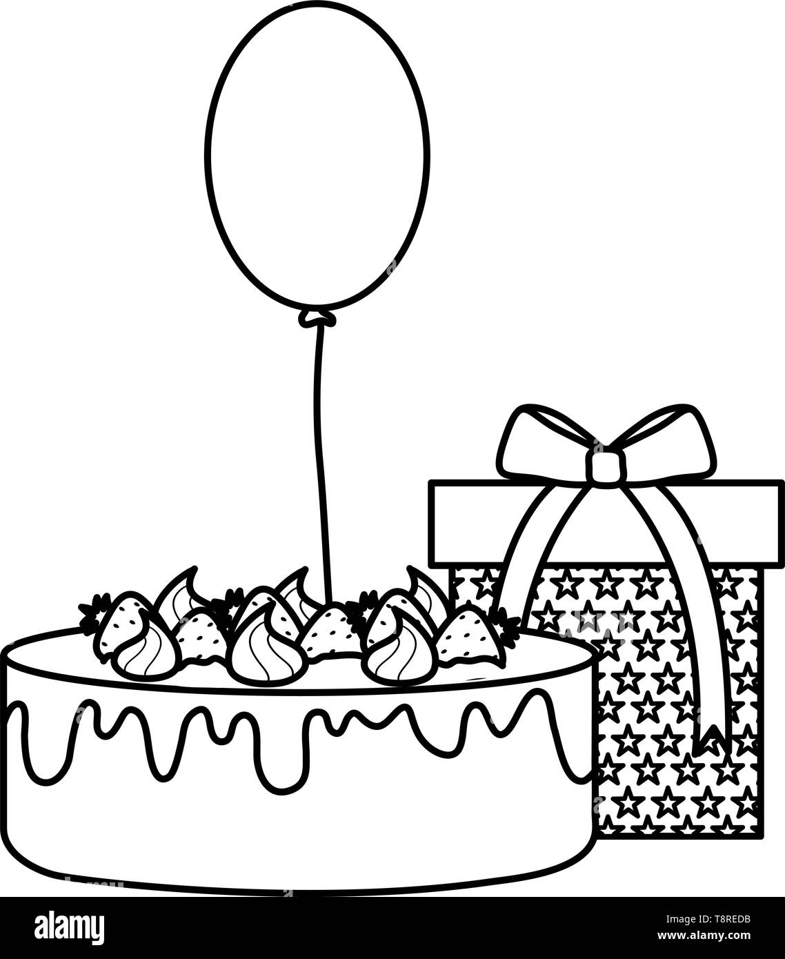 gift box with sweet cake and balloon helium floating vector ...