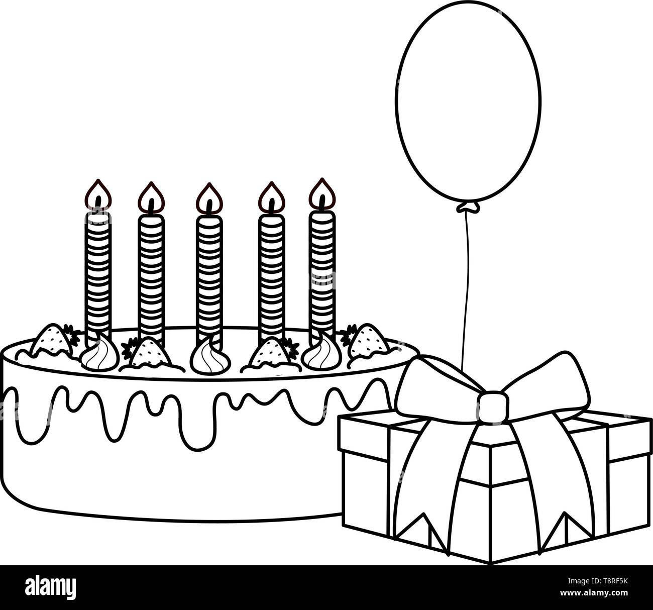 gift box with sweet cake and balloon helium floating vector ...