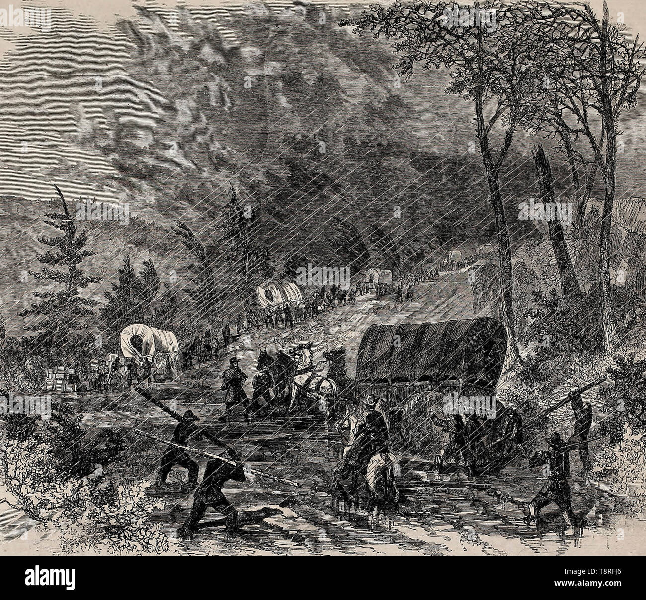 The Campaign in Georgia - A baggage train crossing the mountains in a storm - American Civil War, 1864 Stock Photo
