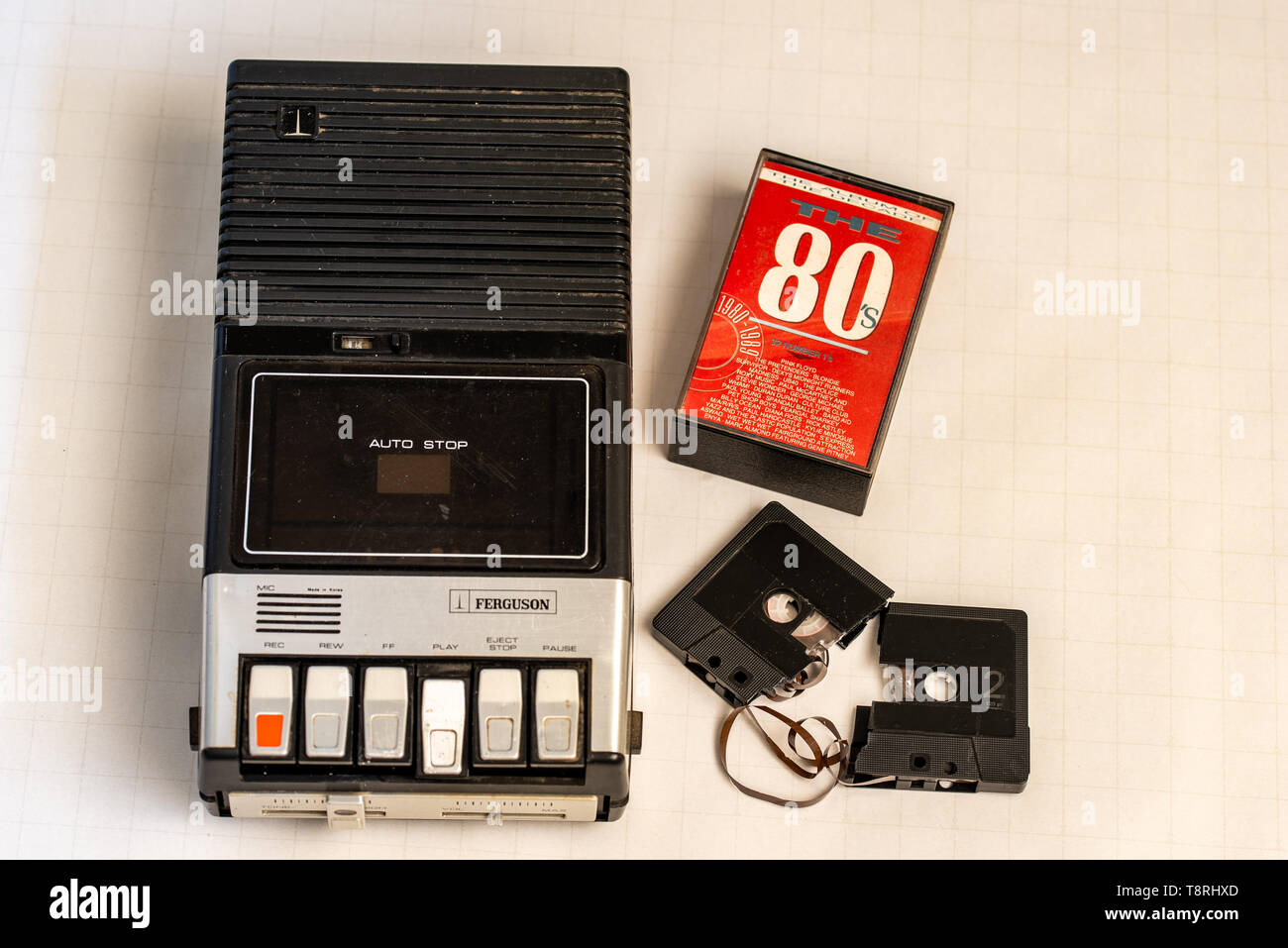 A cassette player and broken 80's cassette tape Stock Photo Alamy
