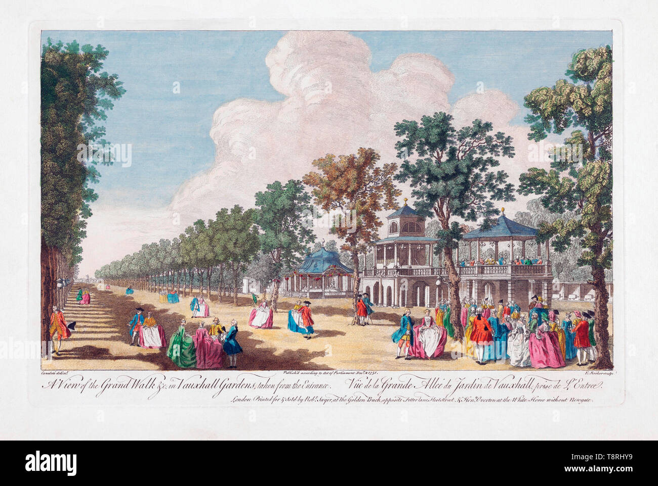 A View of the Grand Walk in Vauxhall Gardens taken from the Entrance.  London, England.  After a hand-coloured engraving by Edward Rooker from a work by Canaletto.  Dated 1751. Stock Photo