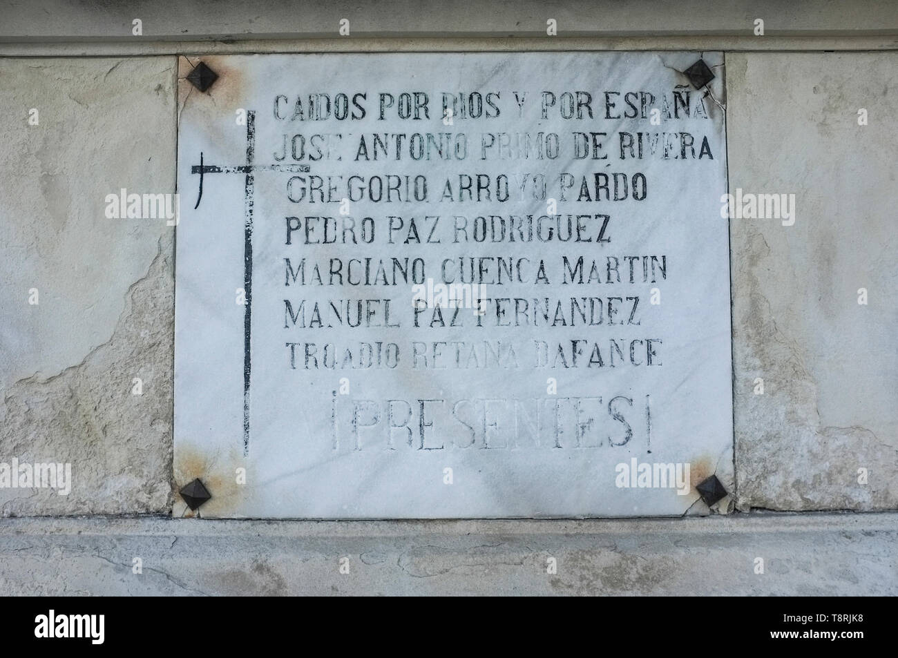 Brunete, Spain - Jun 3rd, 2017: Battle of Brunete Commemorative plaque. Symbols honouring the dictatorship of dictator Francisco Franco attached to wa Stock Photo