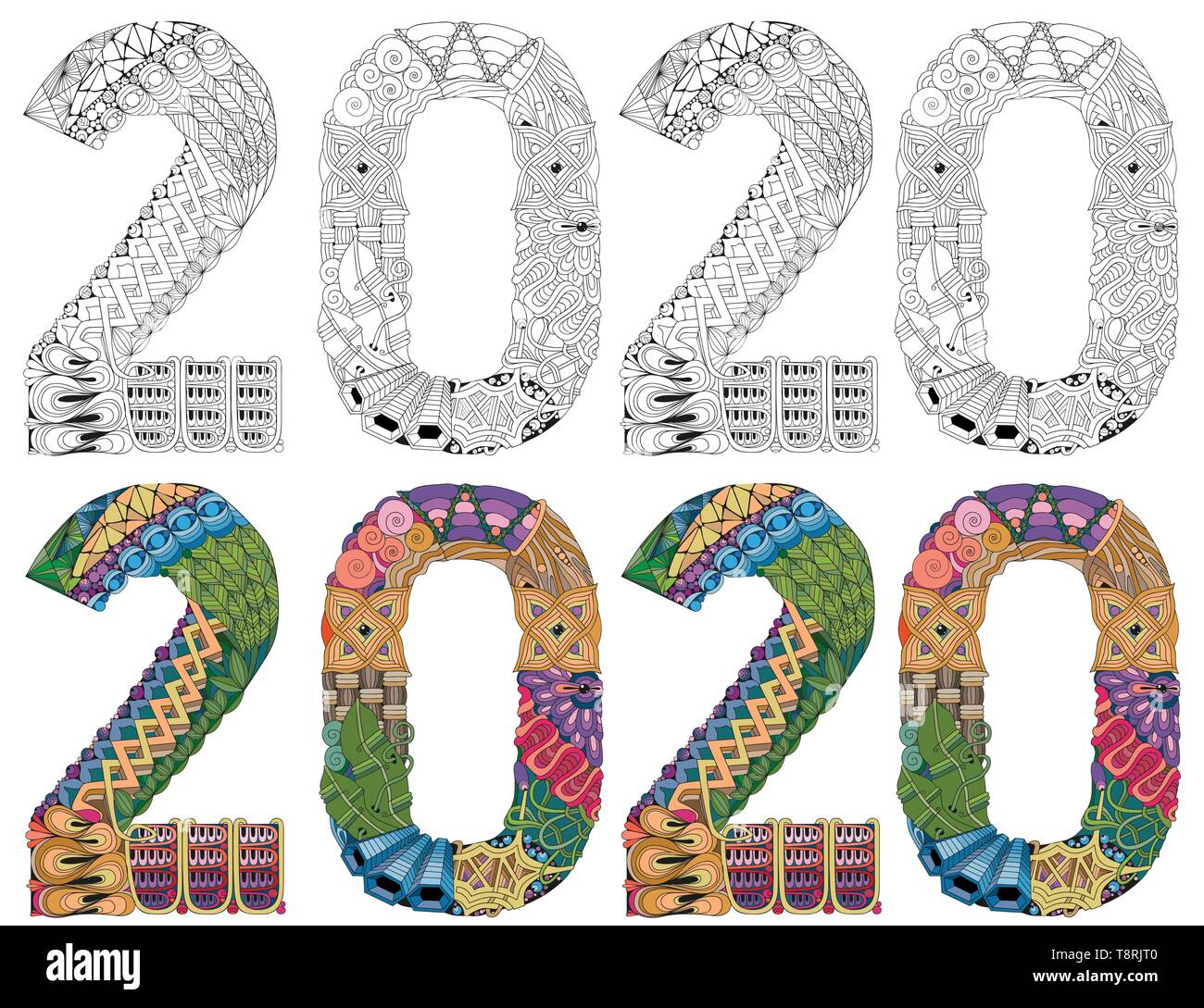 Number 2020 Zentangle. Vector decorative object. Colored and outline set Stock Vector