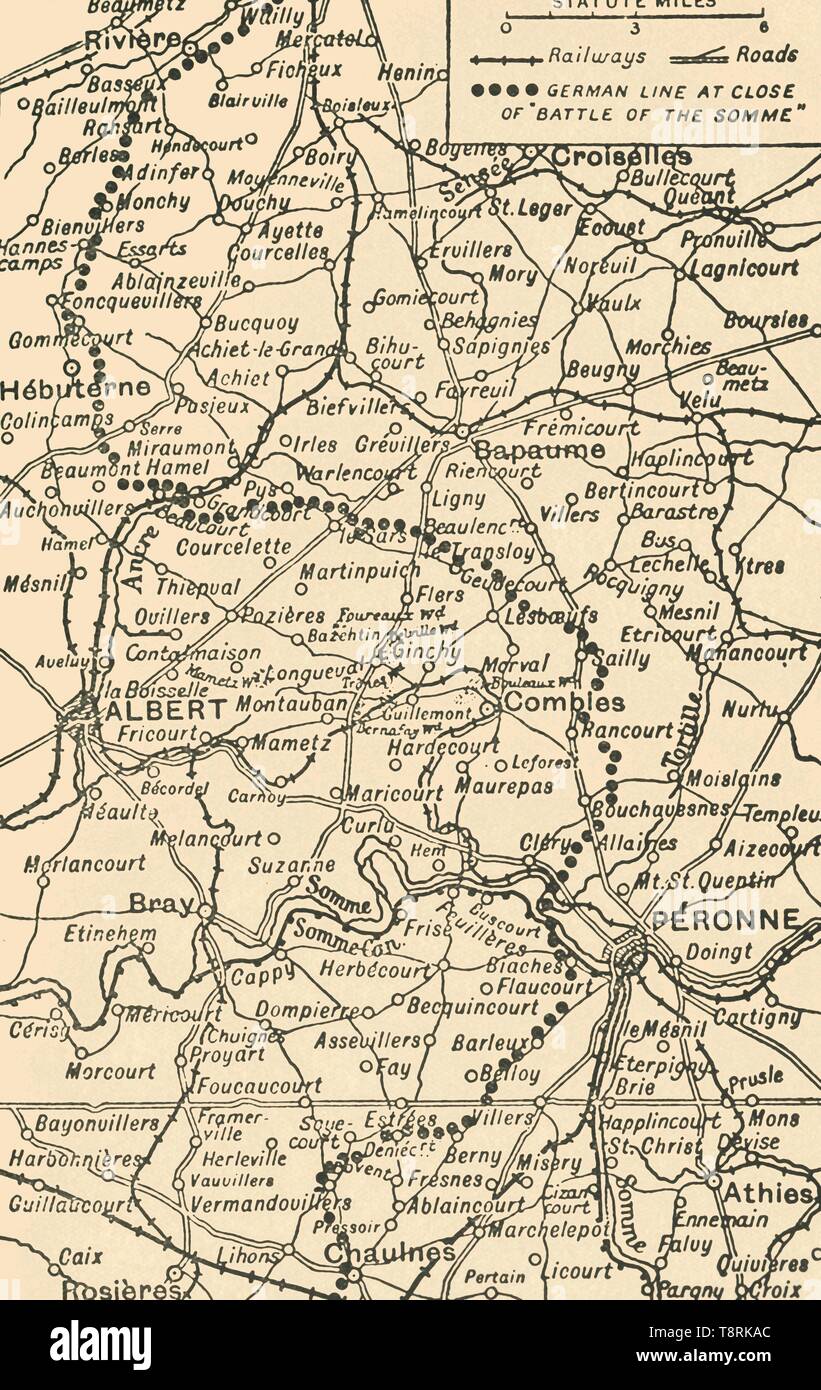 'Map To Illustrate the Battle of the Somme', (1919). Creator: George Philip & Son Ltd. Stock Photo