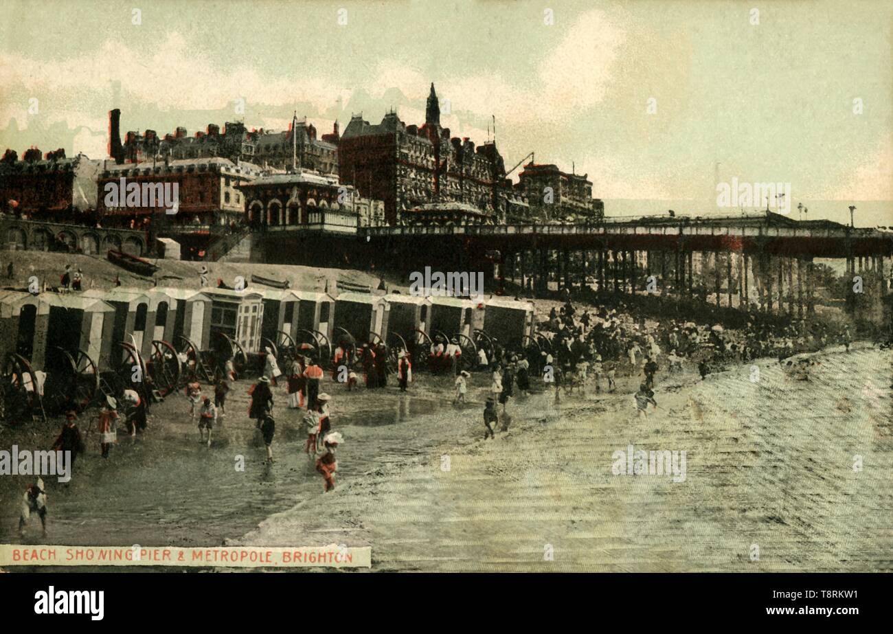 'Beach Showing Pier & Metropole, Brighton', late 19th-early 20th century. Creator: Unknown. Stock Photo