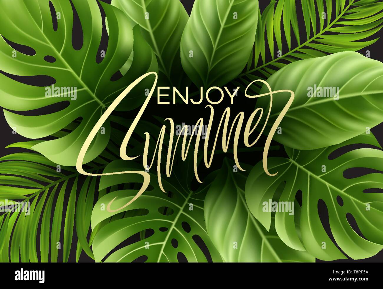 Summer poster with tropical palm leaf and handwriting lettering. Vector ...