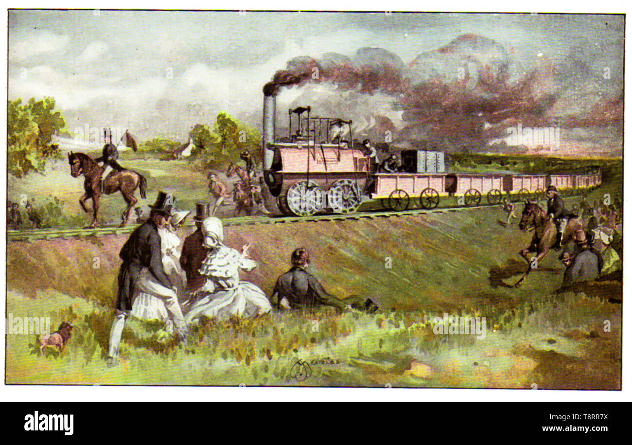 An historic  image of an early Victorian railway train with a man riding in front with a red flag, result of  the 1865 act (the 'Red Flag Act'), which required   locomotives, including automobiles, to be crewed by three men and to travel at a maximum of 4 mph (6.4 km/h) in the country and 2 mph (3.2 km/h) in the city, and requiring a man carrying a red flag to precede vehicles hauling multiple wagons. Stock Photo