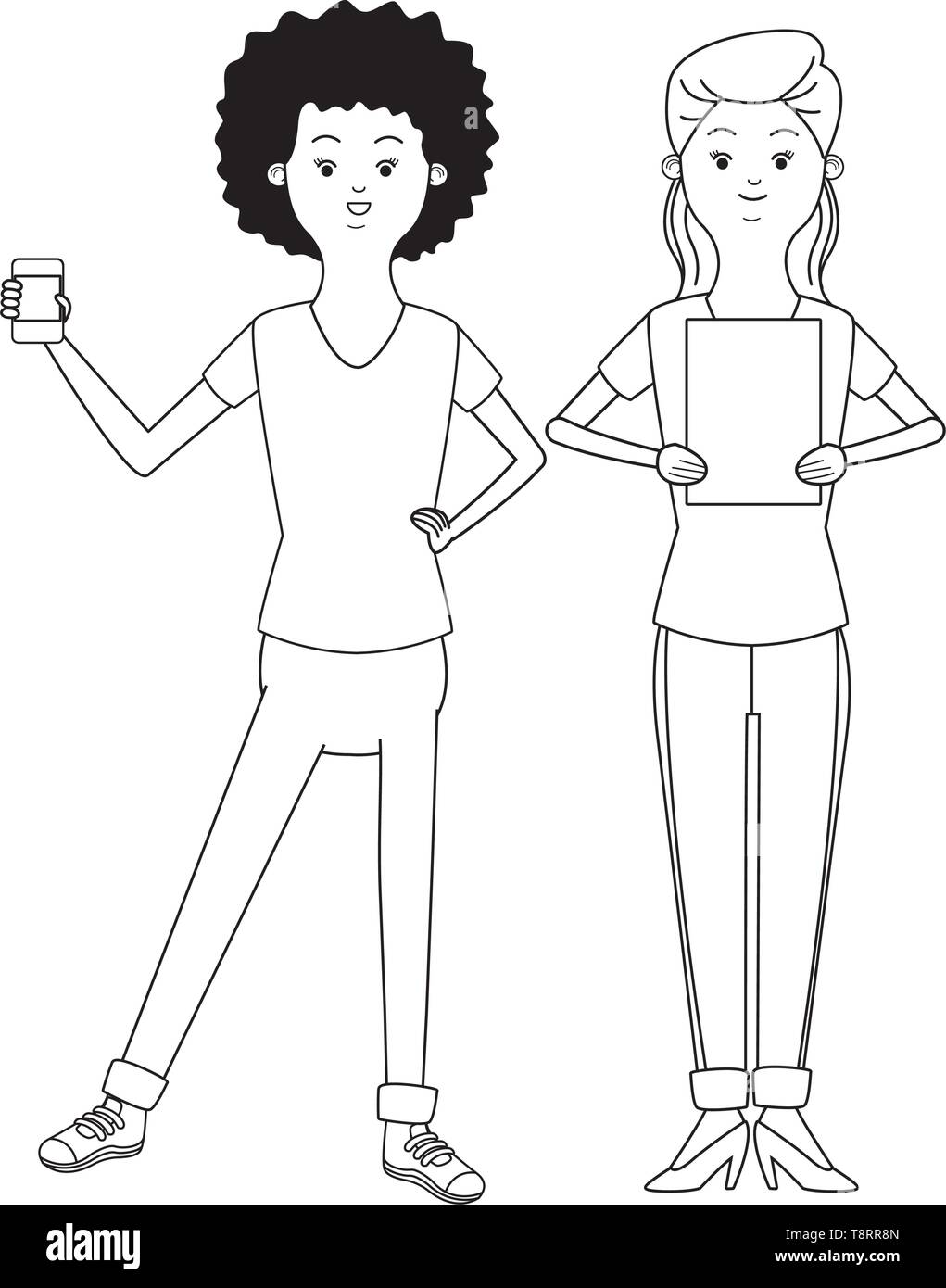 beautiful young women cartoon in black and white Stock Vector Image