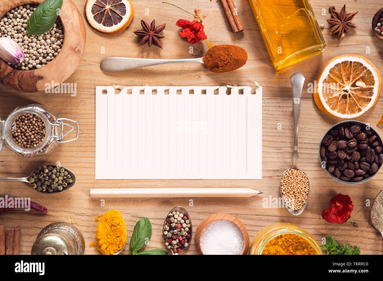 Various herbs and spices with a note Stock Photo Alamy