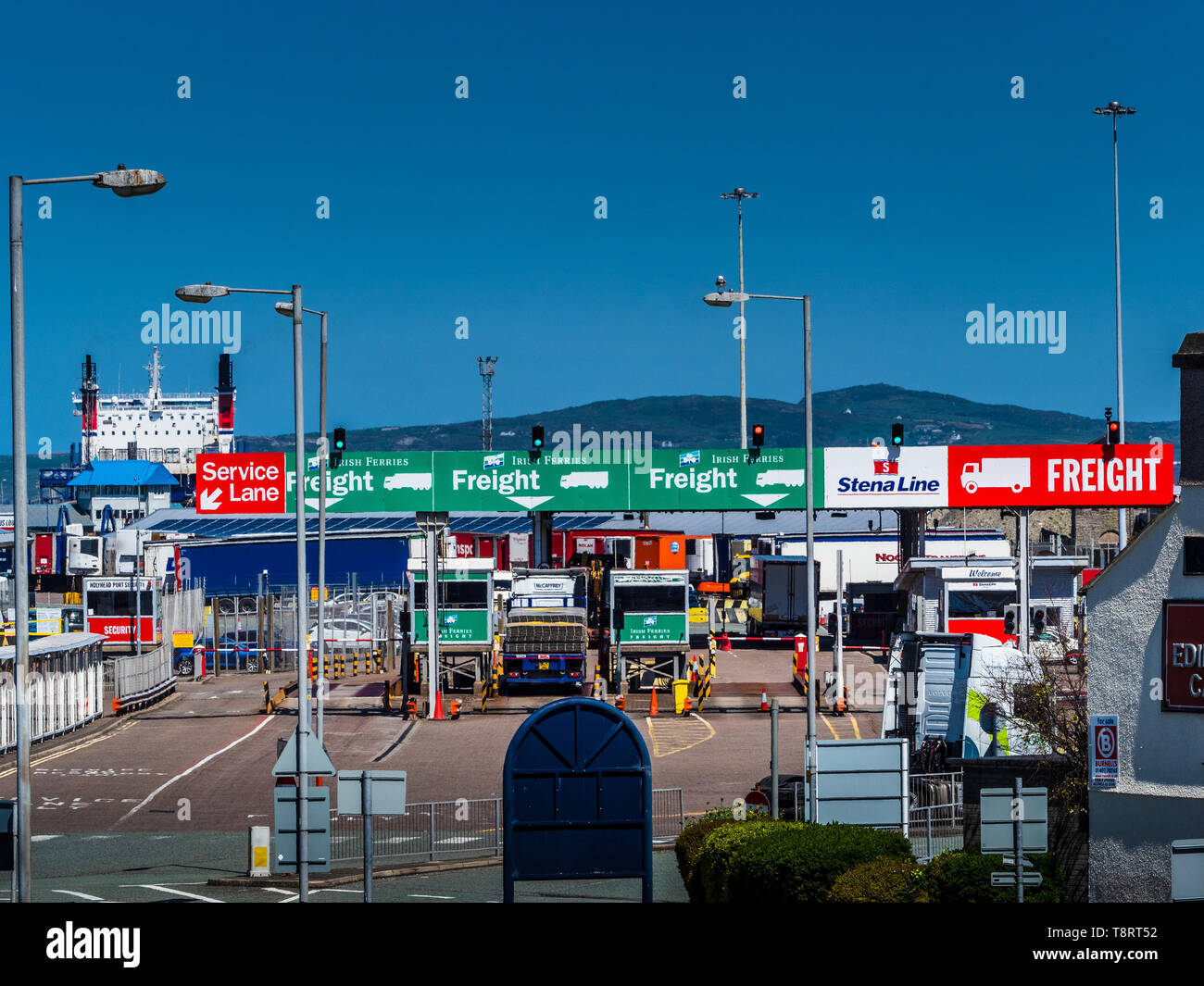 UK Ireland Trade - Ireland UK Trade - Brexit Ireland Irish Trade - Irish Trade UK - Passenger and Freight gates for Dublin ferries at Holyhead Port UK Stock Photo