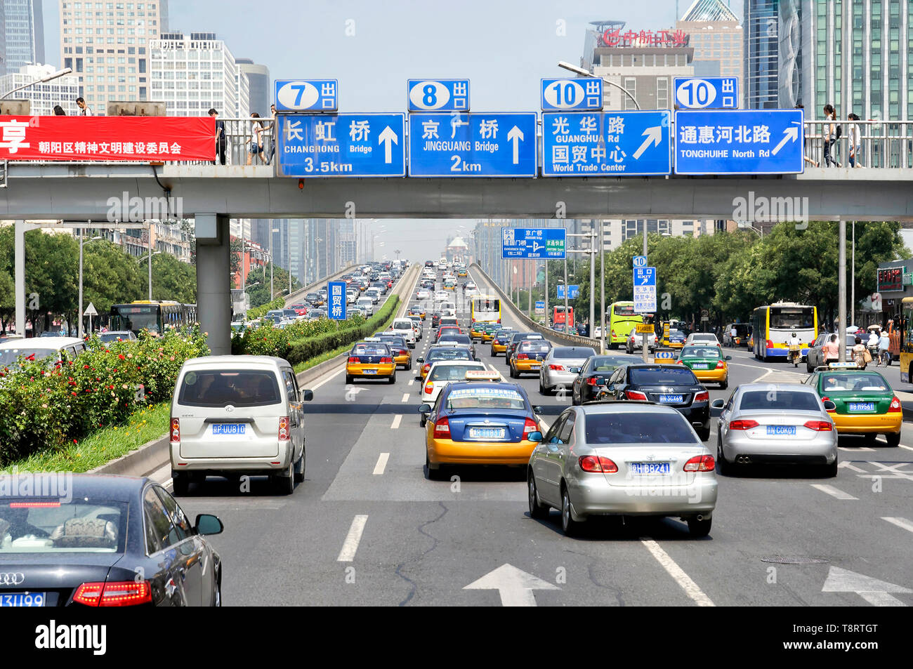 Beijing, China - August 10, 2011: A traffic jam in city center during rush hour. Traffic are a major concern in Beijing Stock Photo