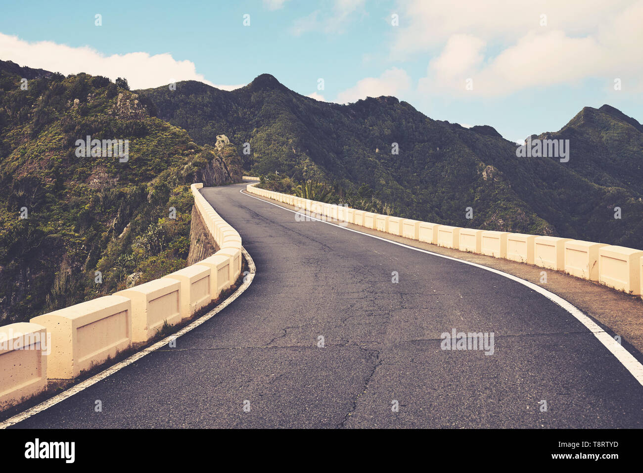 Scenic mountain road in Anaga Rural Park, color toned picture, Tenerife, Spain. Stock Photo