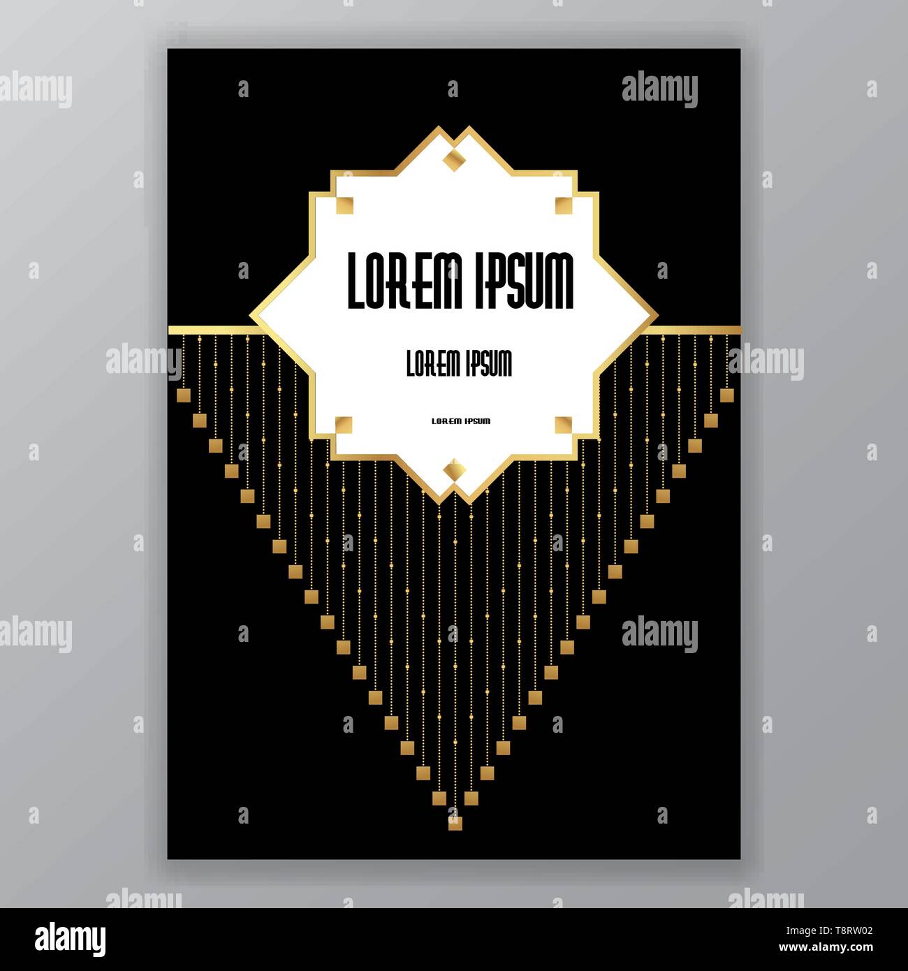 Creative art deco page, golden chains and squares with rectangle template for text. Geometric background, elegant Arabic style for print and web. Stock Vector