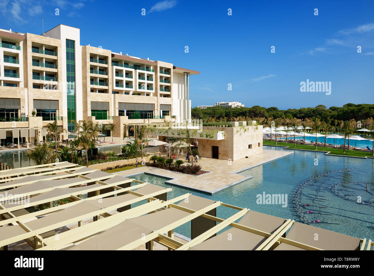 ANTALYA, TURKEY - APRIL 22: The building and swimming pool of Regnum Carya  Golf and SPA resort on April 22, 2014 in Antalya, Turkey Stock Photo - Alamy