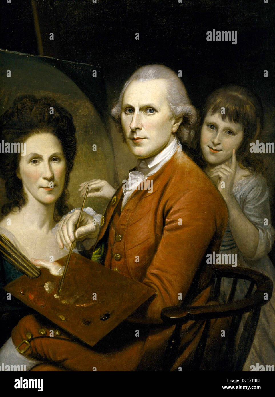 Charles Willson Peale, American painter, self-portrait, c. 1782–85 with portraits of his wife Rachel and his daughter Angelica Stock Photo