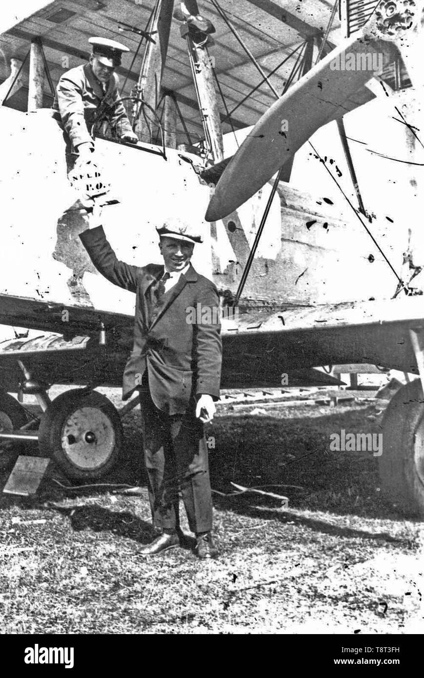 Alcock and Brown, British aviators John Alcock and Arthur Brown made the first non-stop transatlantic flight in June 1919. Stock Photo