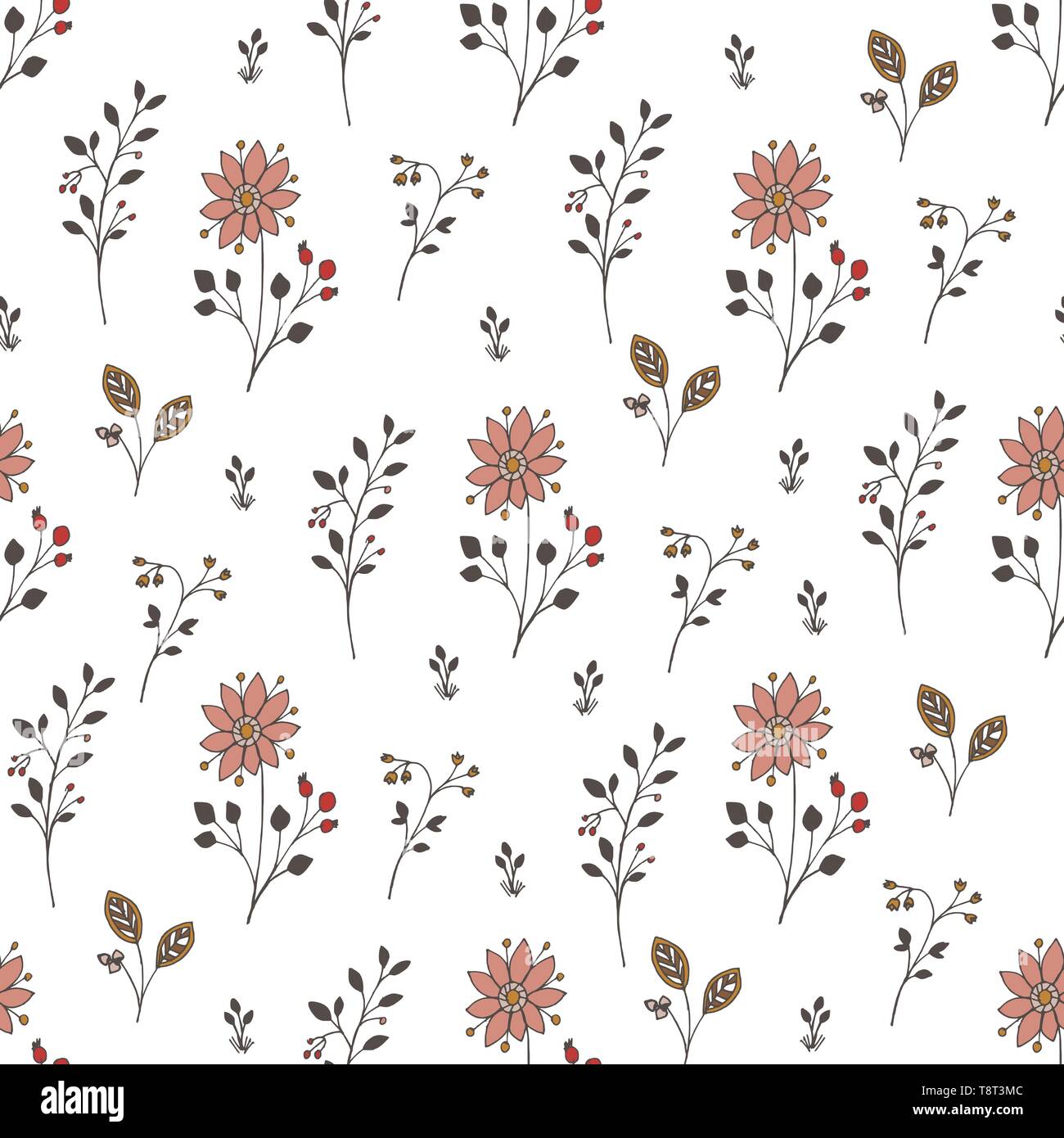 Seamless pattern with flowers. Vector doodle texture with blooming chamomiles and cornflowers. Stock Vector