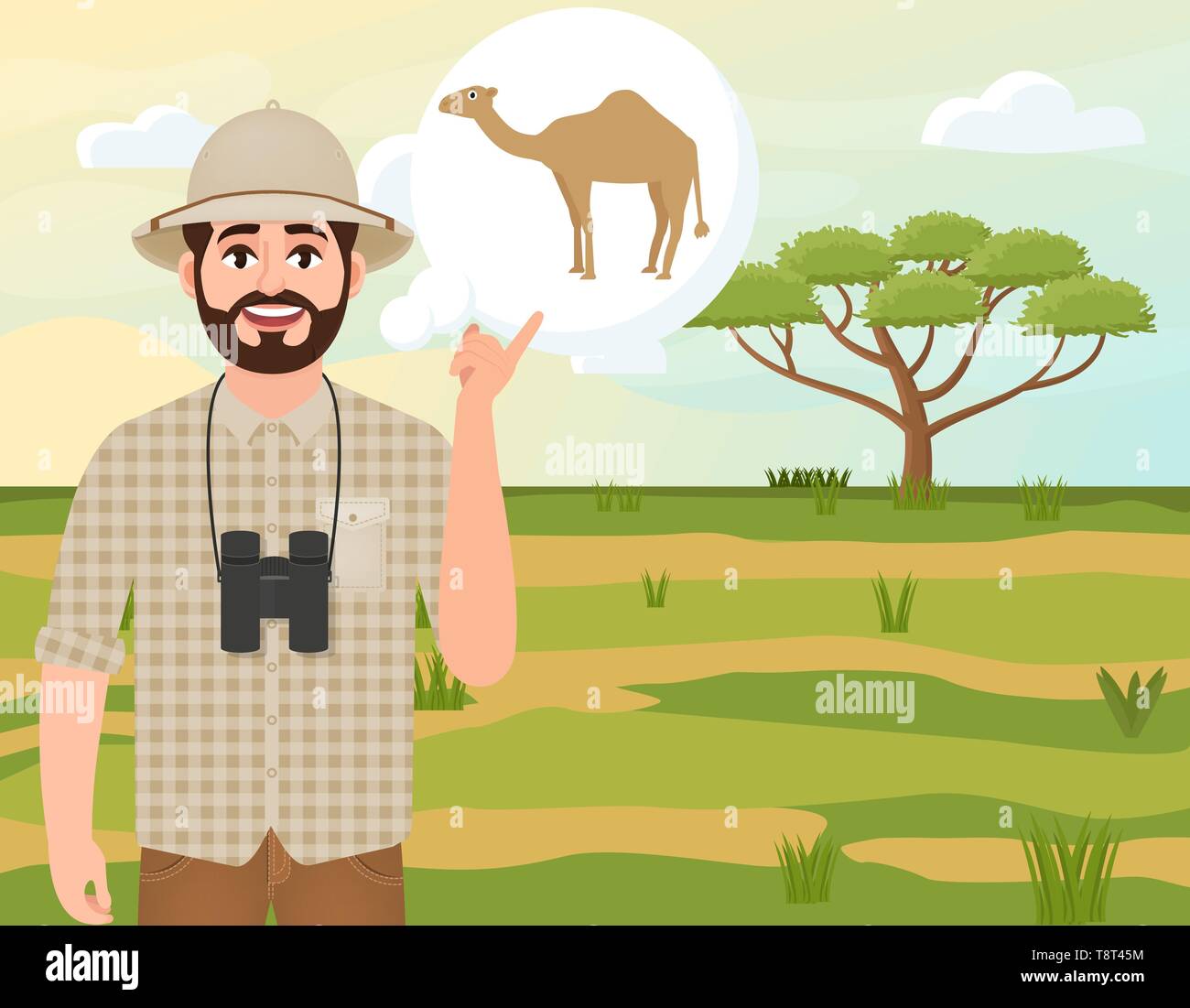 Happy man in cork hat, animal hunter thinks about camel, safari