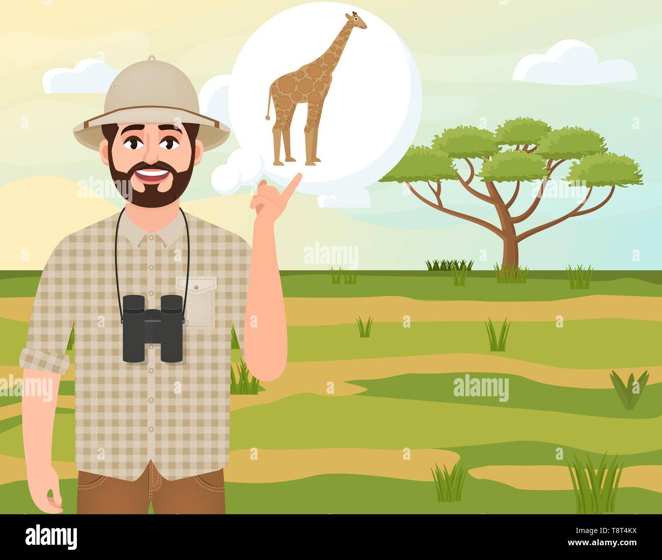 Happy man in cork hat, animal hunter thinks about giraffe, safari