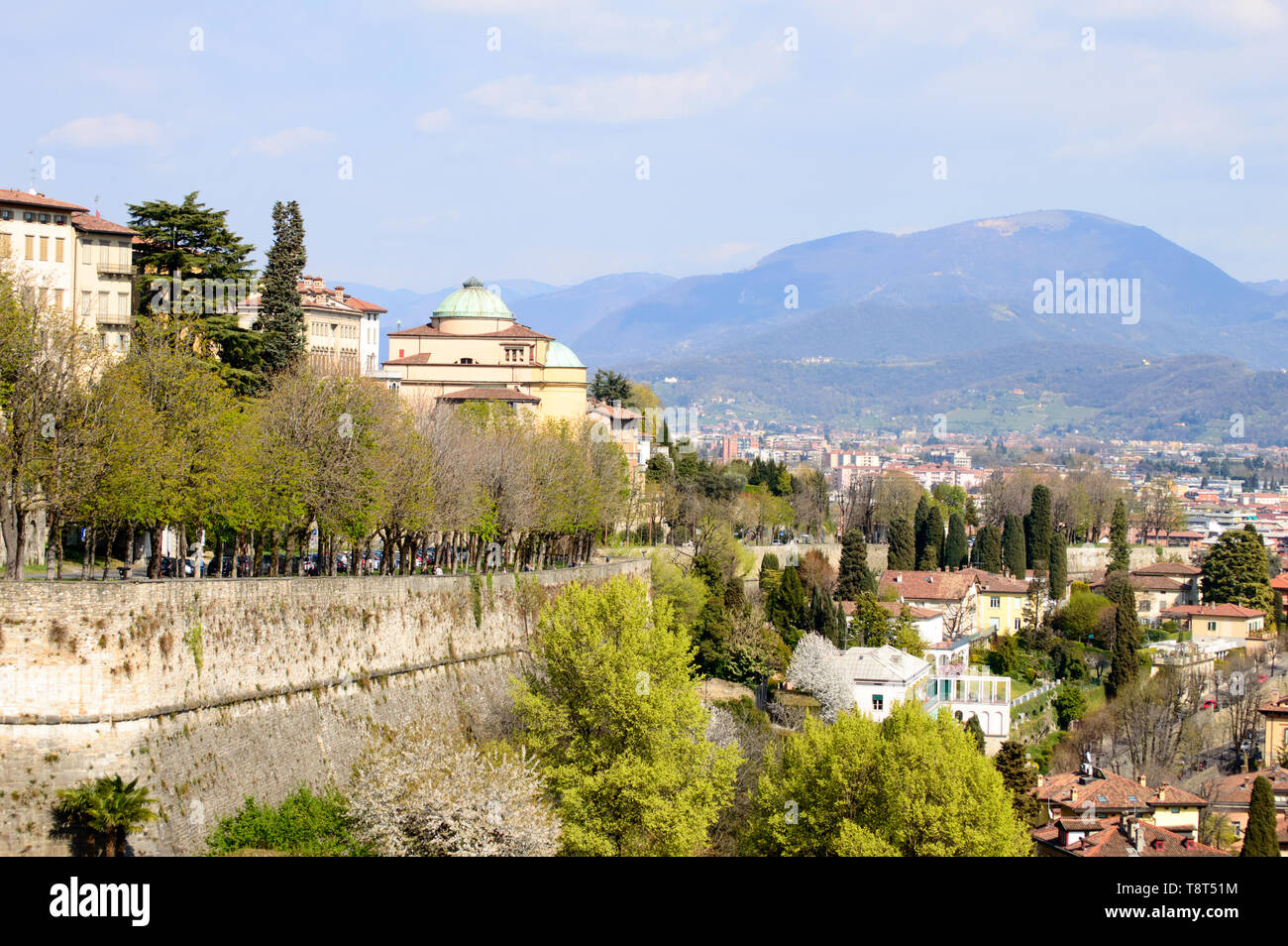 Detail of the ancient city walls of Bergamo the Upper town, these urban public places have been recently nominated Unesco heritage site Stock Photo