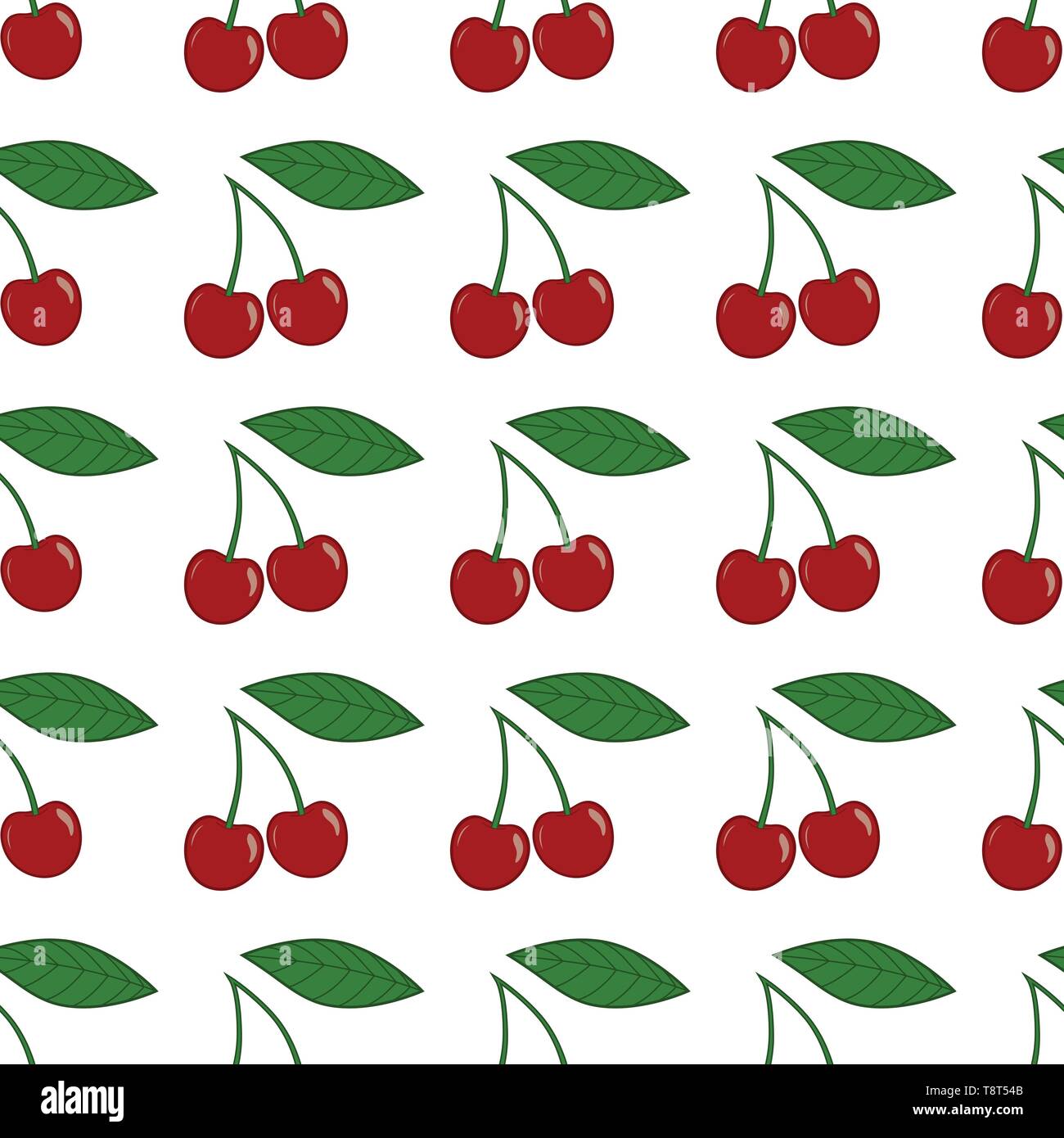 Vector seamless pattern with cherries and leaves on white background. Stock Vector