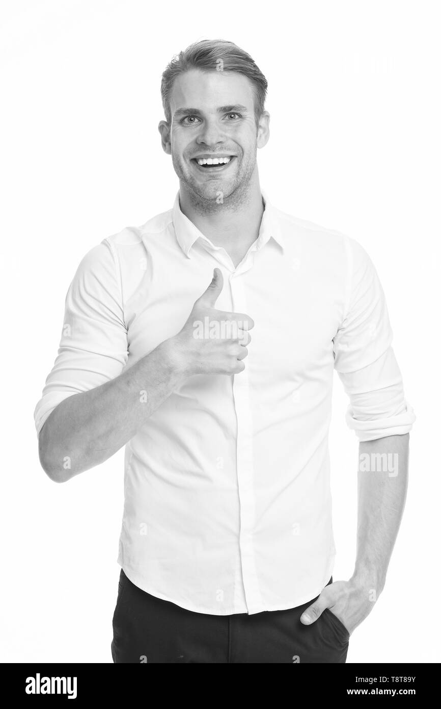 Guy shows thumbs up gesture. Excellent quality. Man confidently highly ...