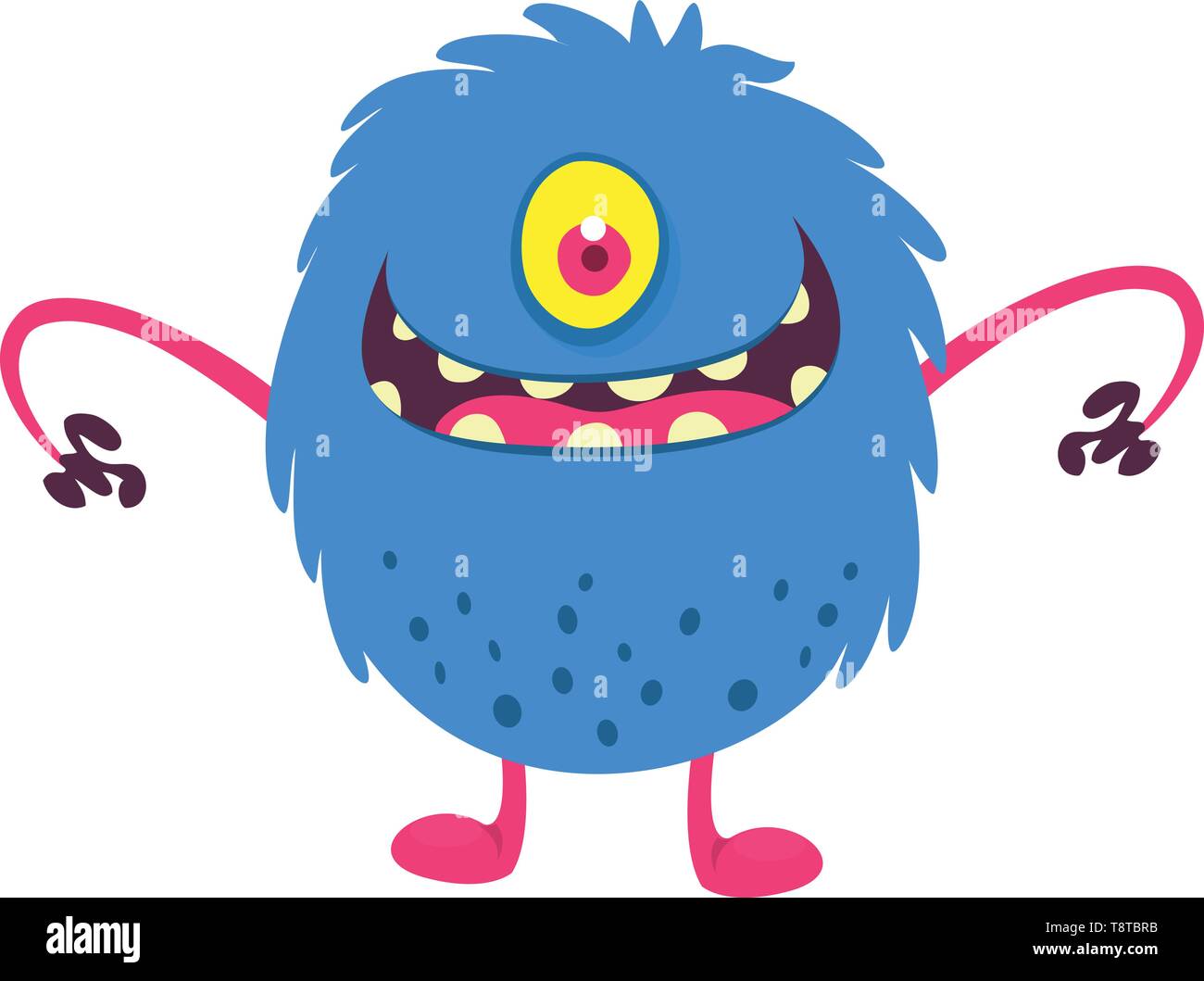 Cute cartoon one eyed monster smiling. Vector illustration of blue