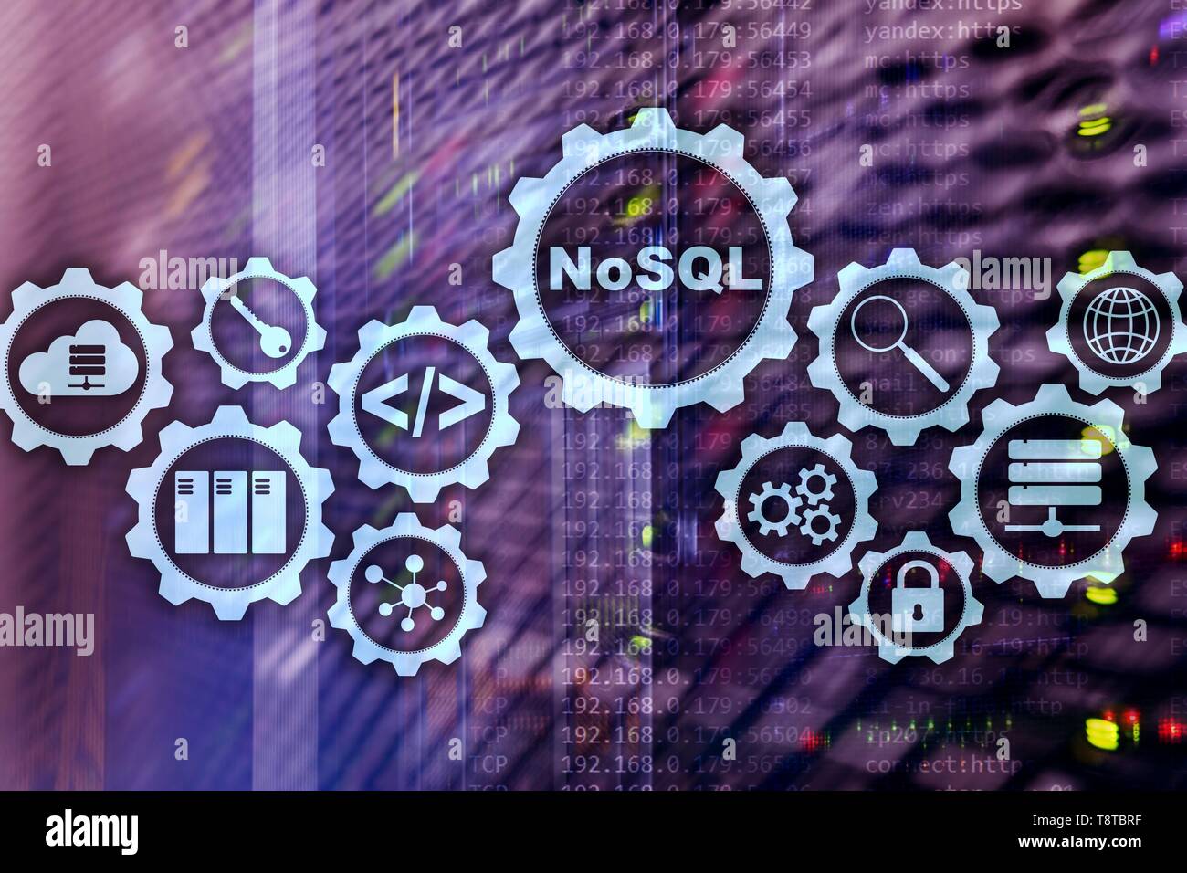 NoSQL. Structured Query Language. Database Technology Concept. Server room background. Stock Photo