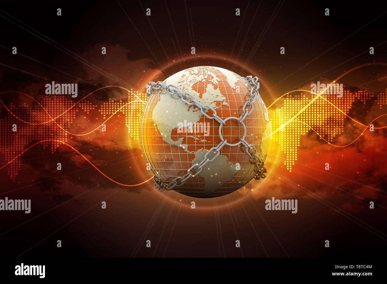 Earth locked with chain in color background Stock Photo - Alamy