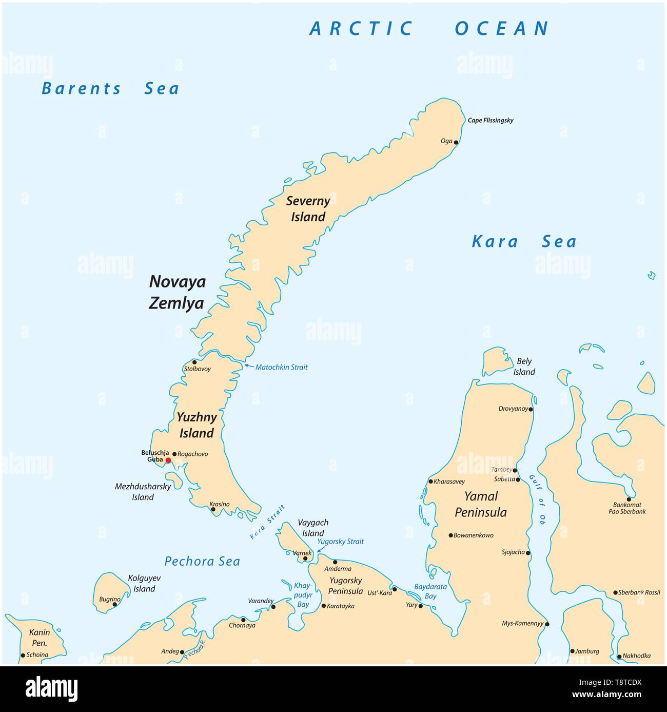 Map of the archipelago Nova Zemlya in the Arctic Ocean in northern Russia Stock Vector